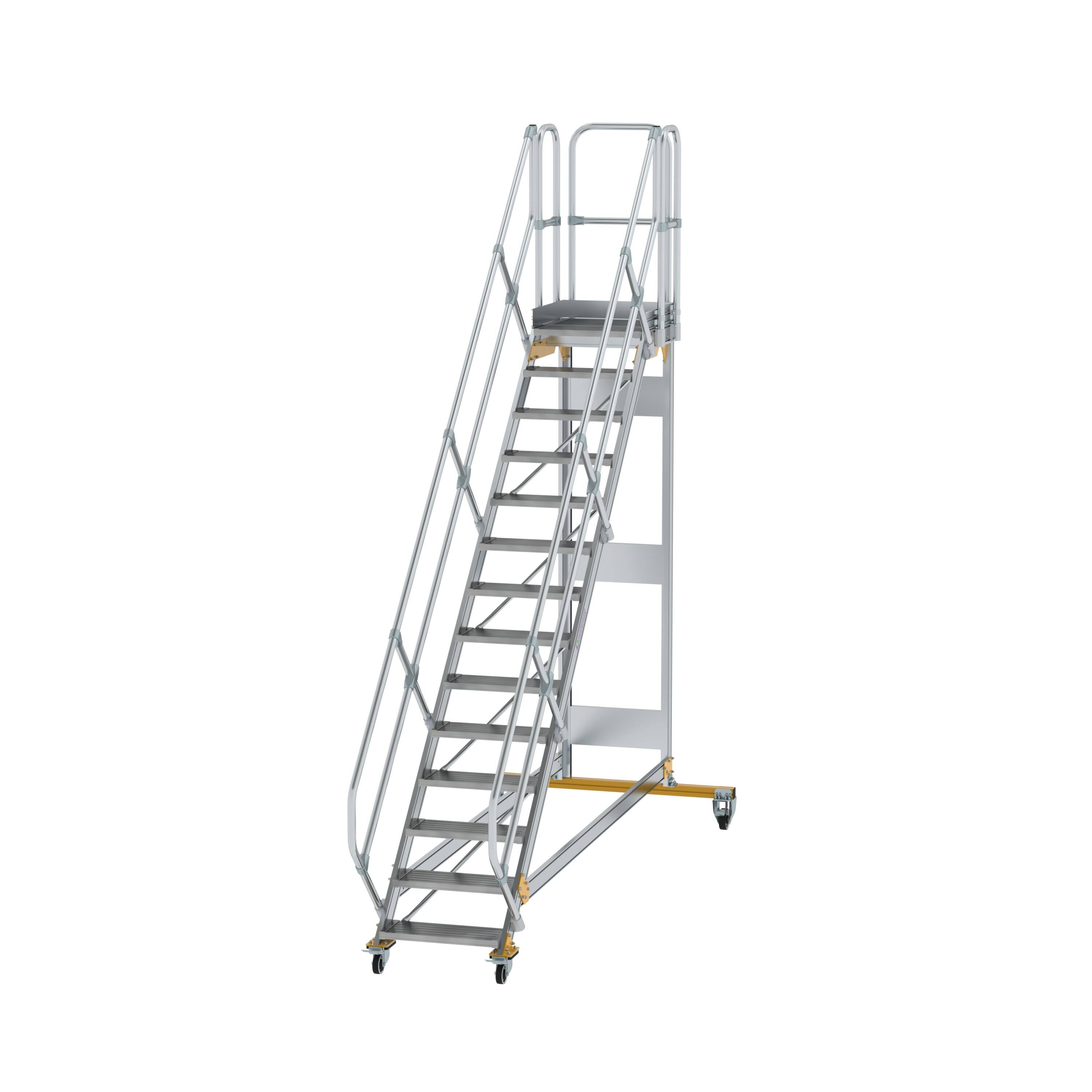 Plattformtreppe 45° fahrbar Stufenbreite 600 mm 14 Stufen Aluminium geriffelt