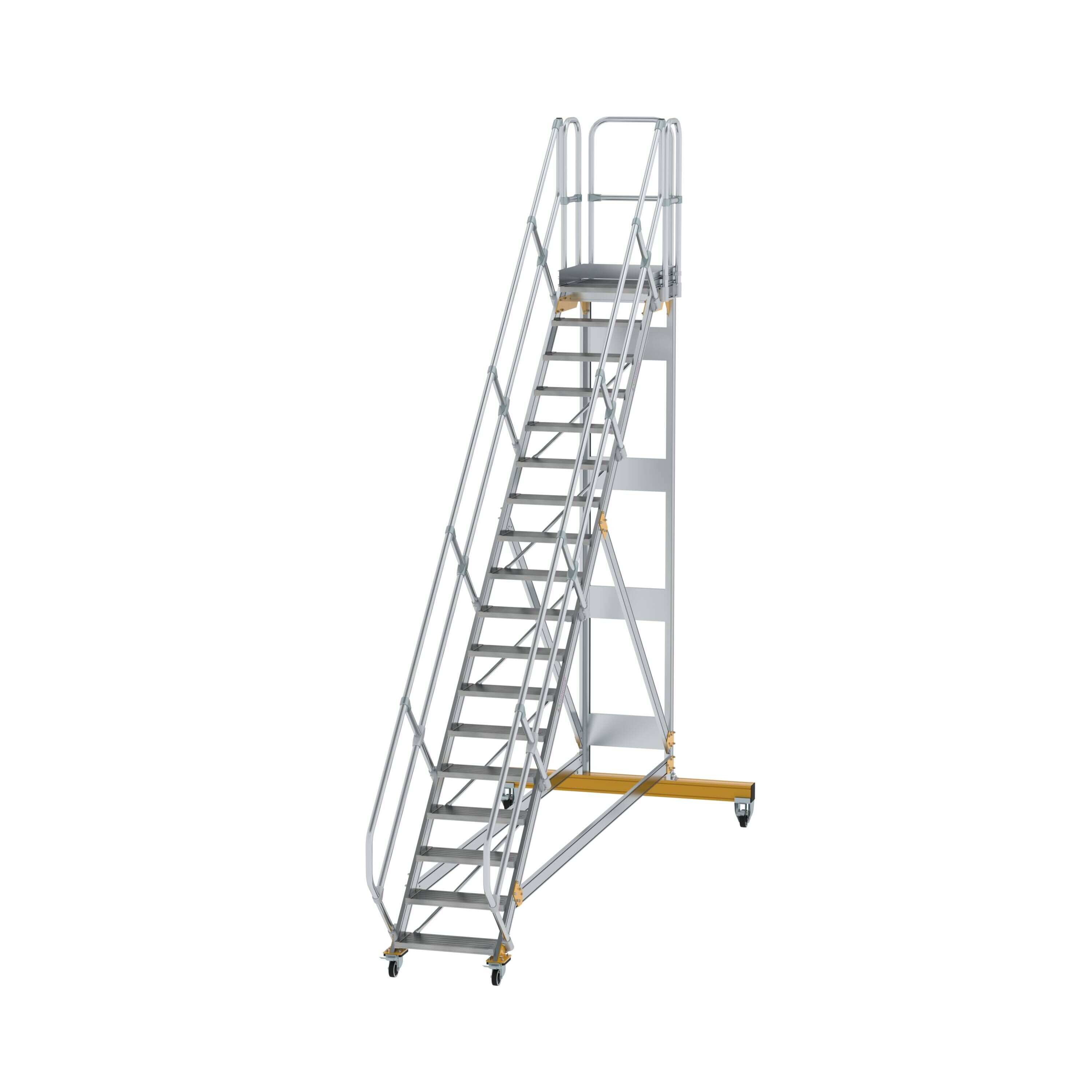 Plattformtreppe 45° fahrbar Stufenbreite 600 mm 18 Stufen Aluminium geriffelt
