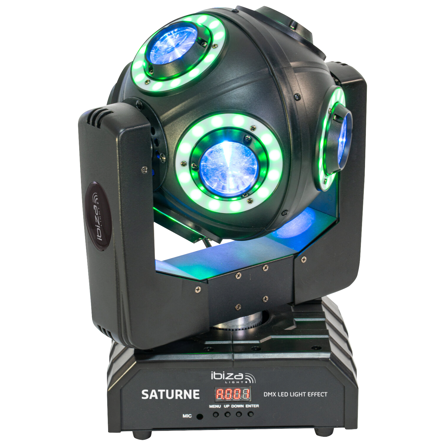DMX-Moving-Head IBIZA ''SATURNE'', 4-in-1 RGBW LEDs + 8 Lichtringe