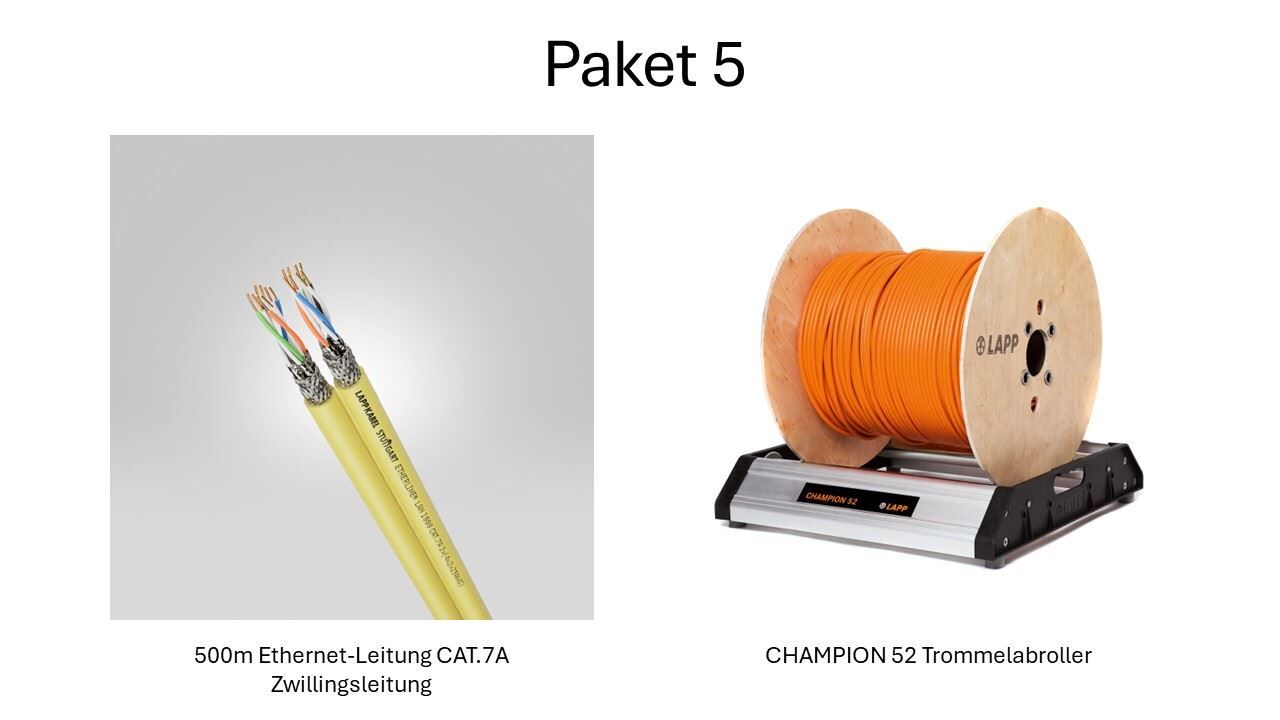 Paket 5: 1x 500m ETHERLINE® LAN Cat.7A 2x(4x2x23 AWG) Zwillingsleitung & 1x CHAMPION Trommelabroller 52