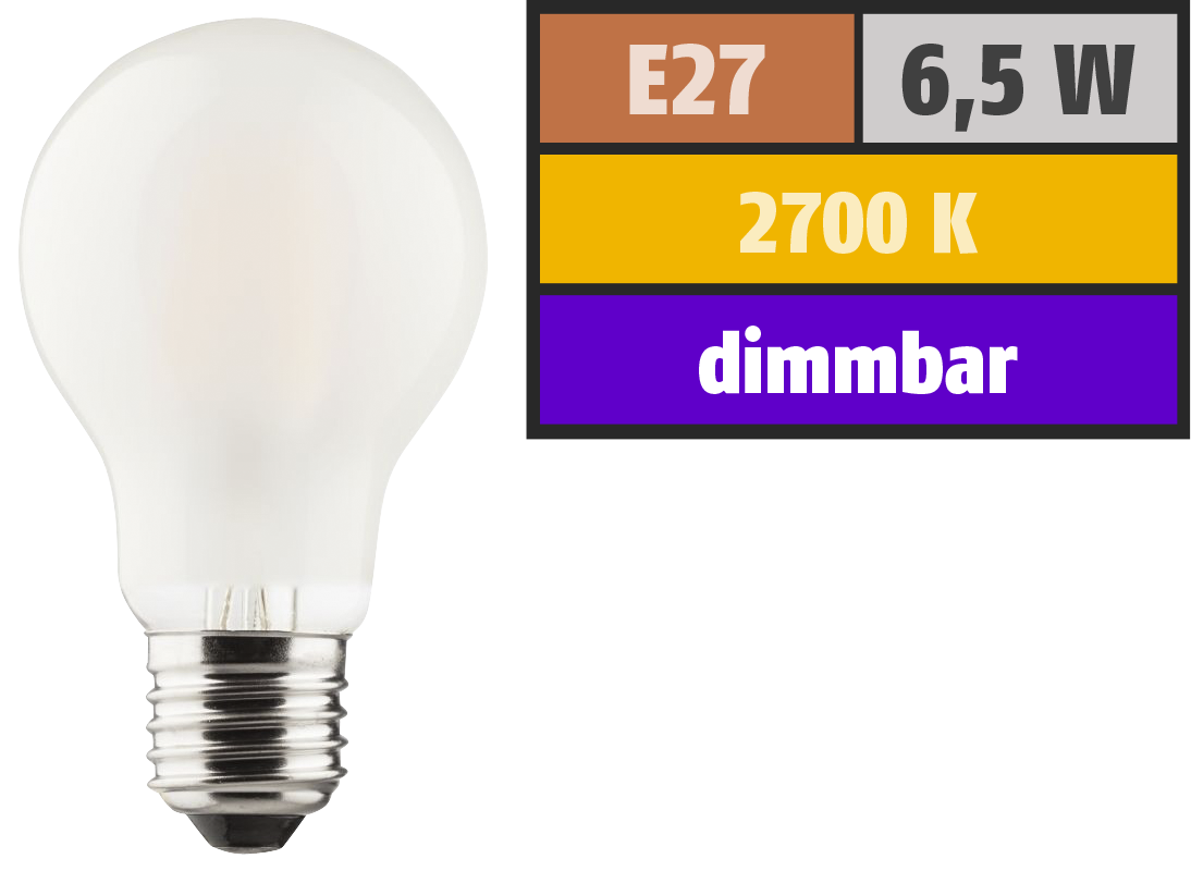 LED Filament Glühlampe, E27, 6,5W, 810lm, 2700K, warmweiß, dimmbar, matt