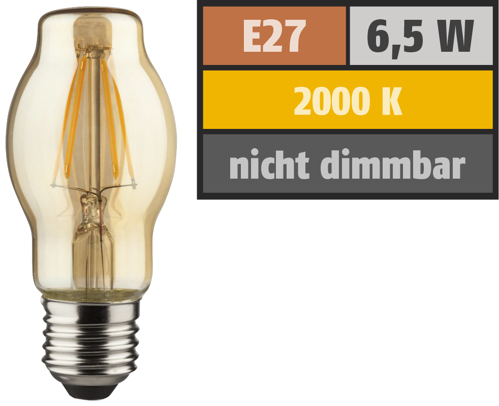 LED Filament Glühlampe, E27 / BTT, 6,5W, 690lm, 2000K, warmweiß, dimmbar, gold