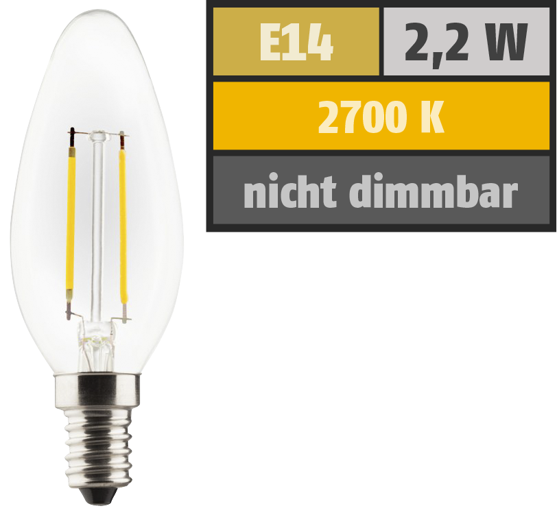 LED Filament Kerzenlampe, E14, 2,2W, 250lm, 2700K, warmweiß