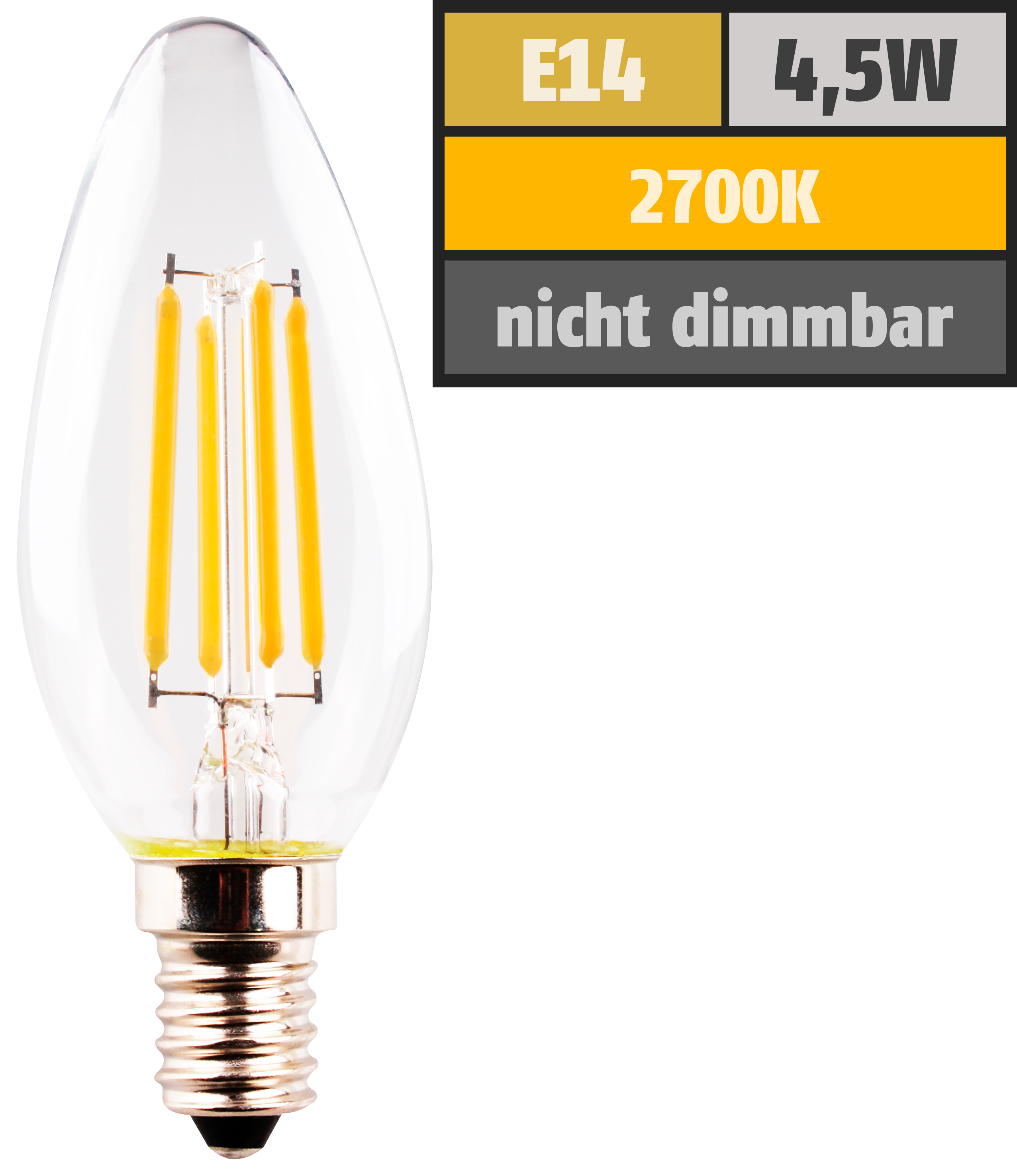 LED-Filament Kerzenlampe, E14, 4,5W, 470lm, 2700K, warmweiß