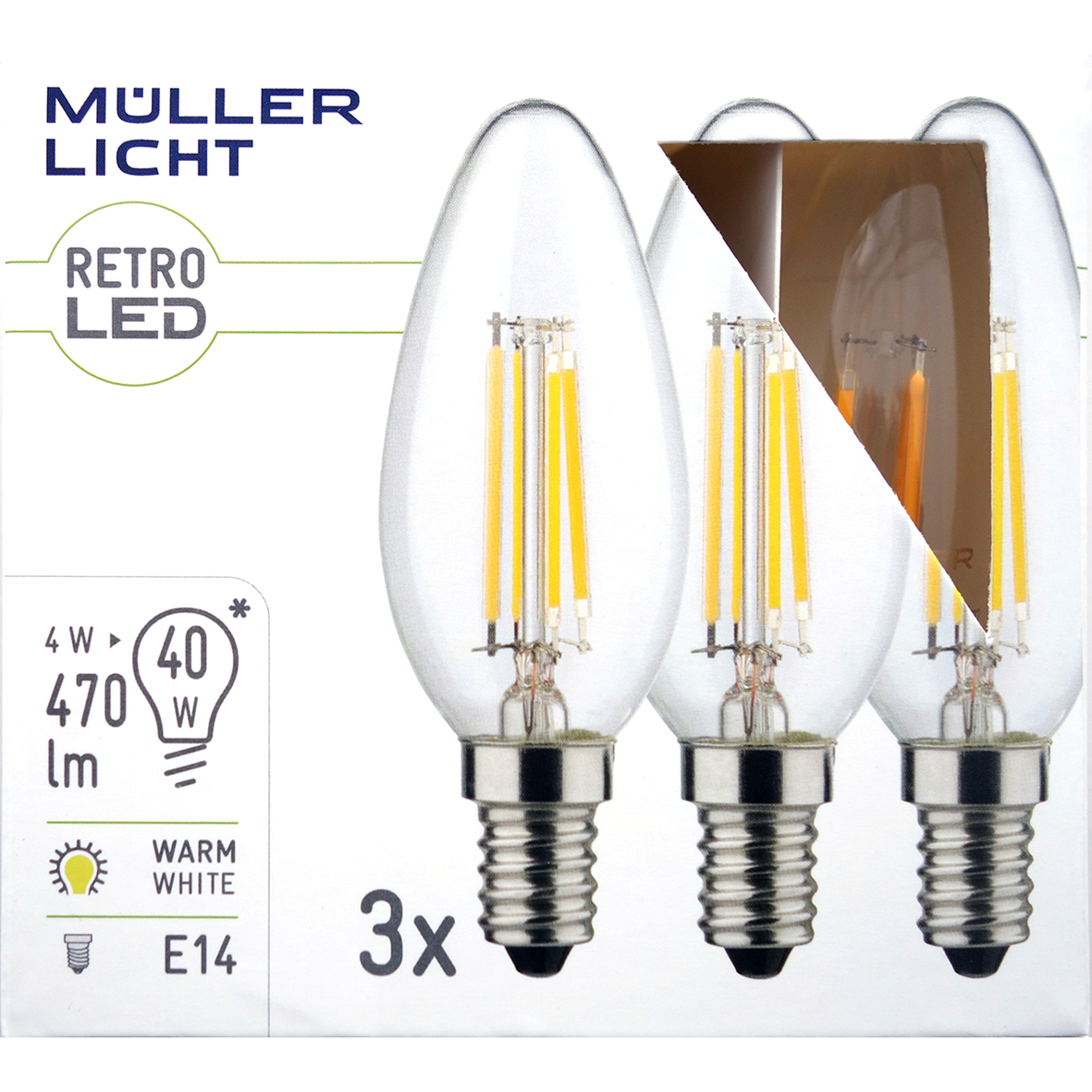 LED Filament Kerzenlampe, E14, 4W, 470lm, 2700K, warmweiß, 3er Set