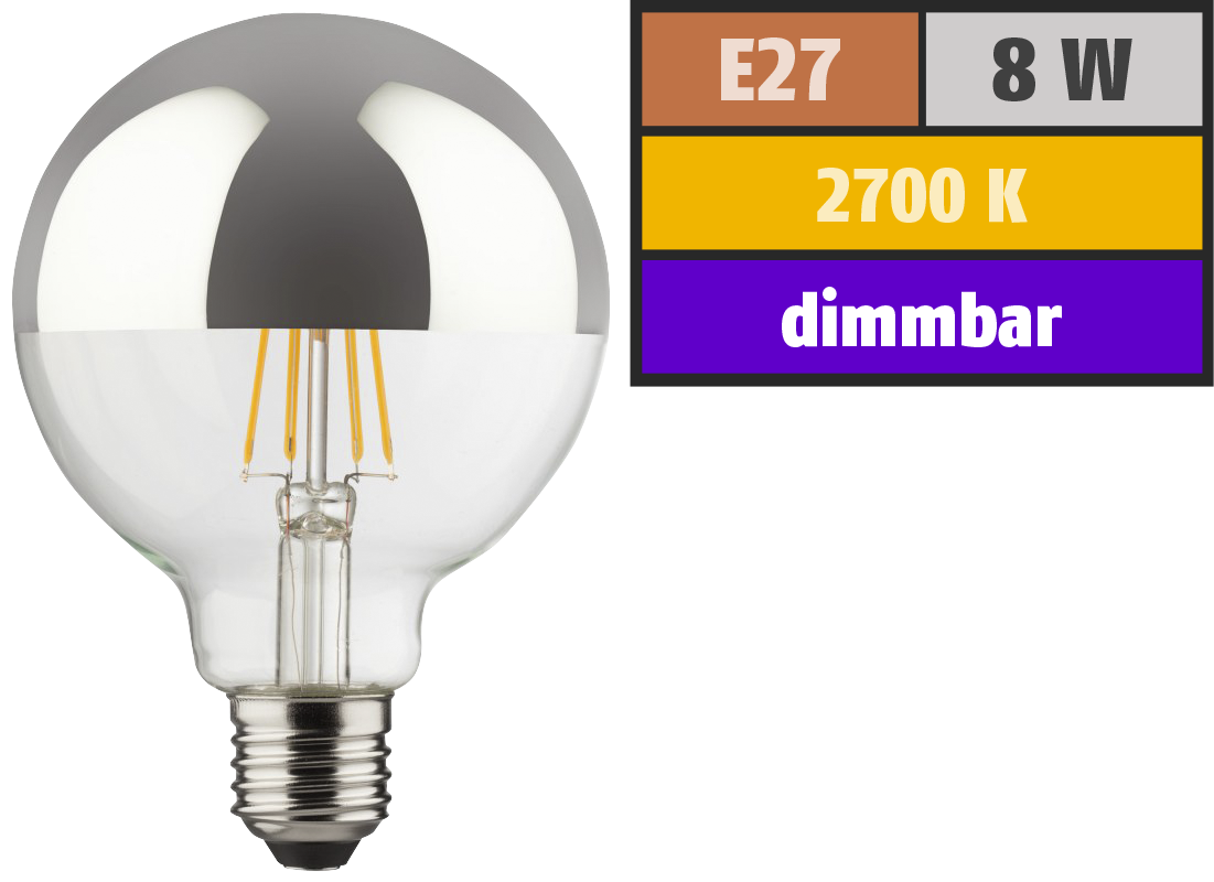 LED Filament Kopfspiegel-Globelampe, E27, 8W, 850lm, 2700K, warmweiß, dimmbar