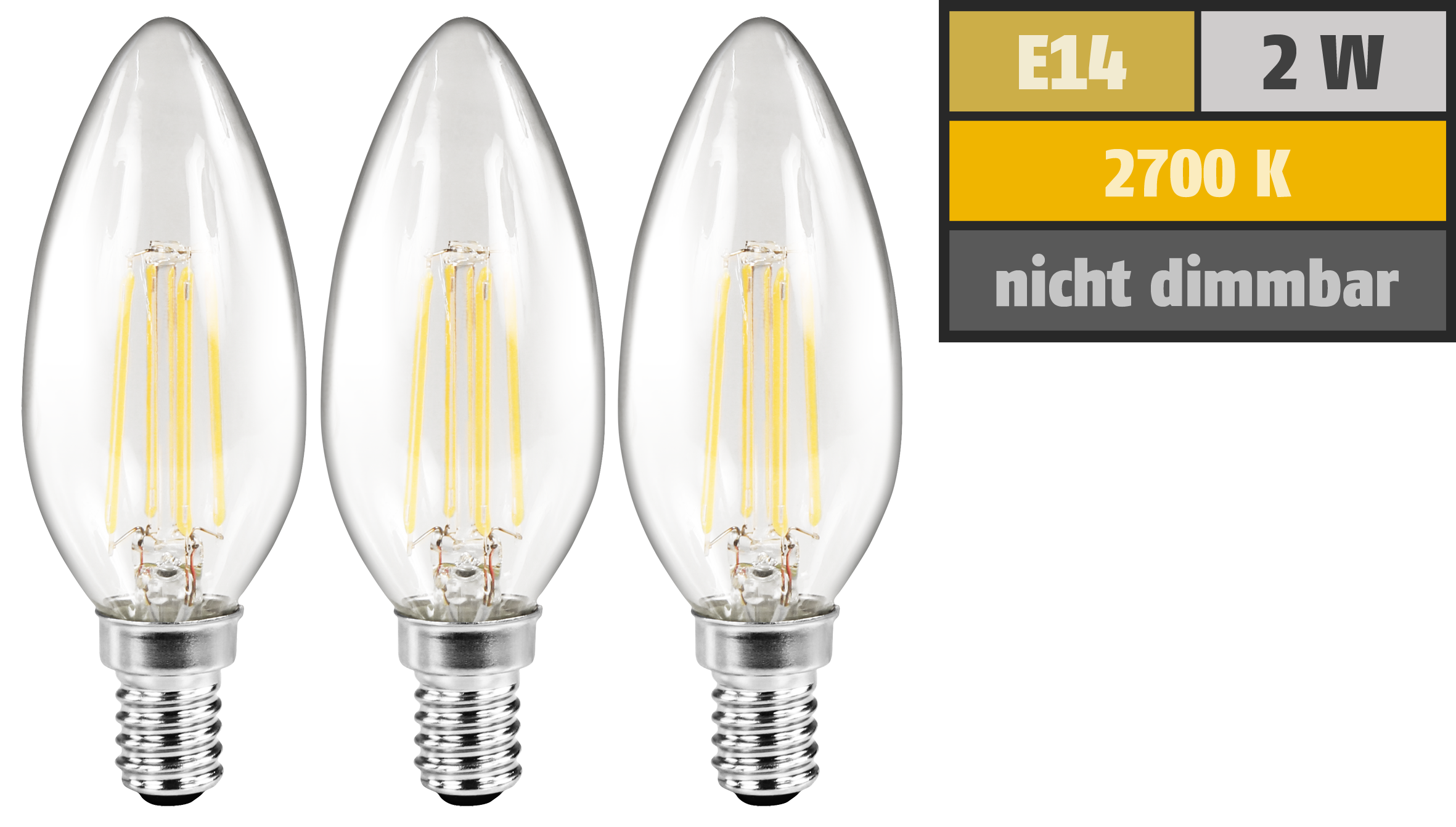 LED Filament Set McShine, 3x Kerzenlampe, E14, 2W, 260lm, warmweiß, klar