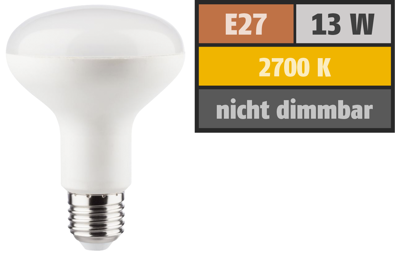 LED Reflektor R80, E27, 13W, 1000lm, 2700K, warmweiß