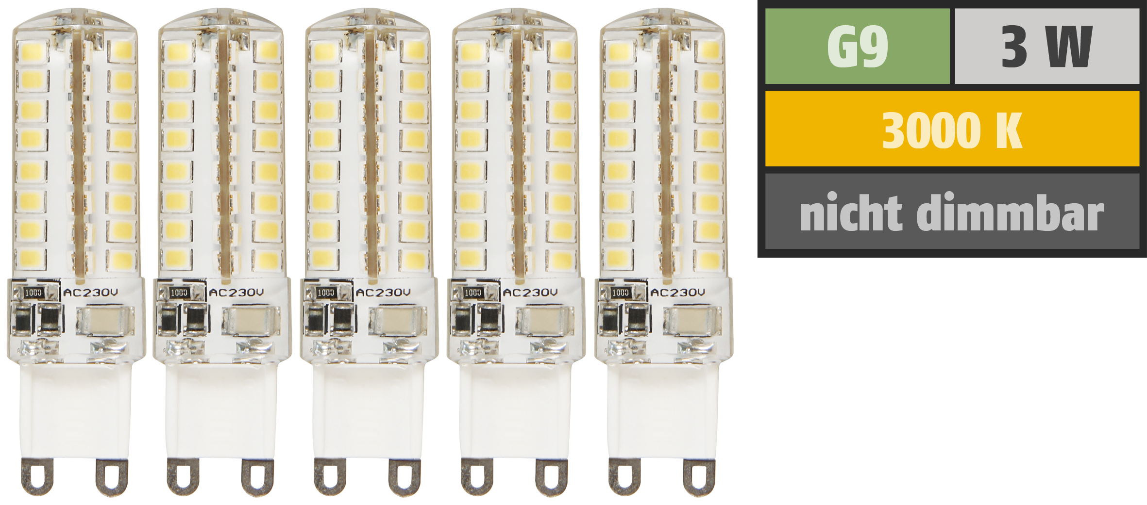 LED-Stiftsockellampe McShine ''Silicia'', G9, 3W, 320 lm, warmweiß, 5er-Pack