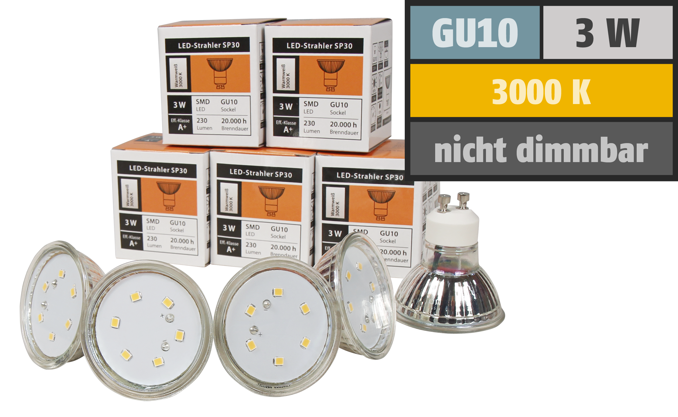 LED-Strahler McShine ''SP30-10'', GU10, 3W, 230 lm, warmweiß, 10er-Pack