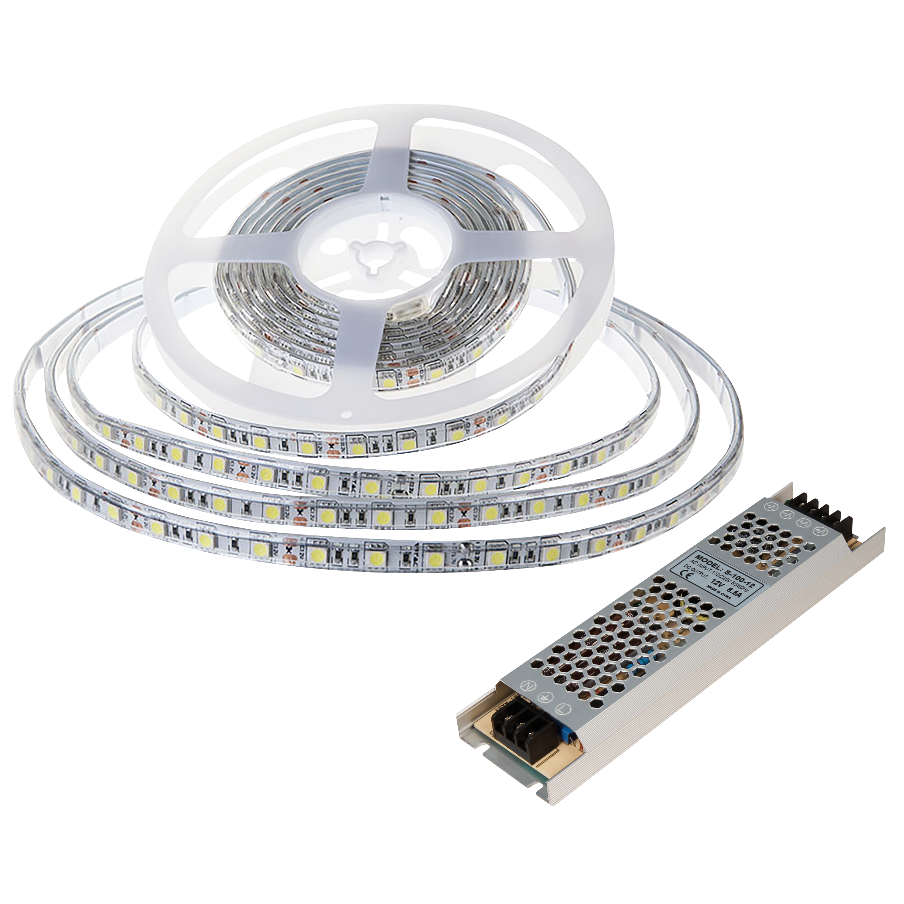 LED-Stripe SET, 60LED/m, 1000lm/m, 10,8W/m, tageslichtweiß, 5m Rolle, 100W Trafo