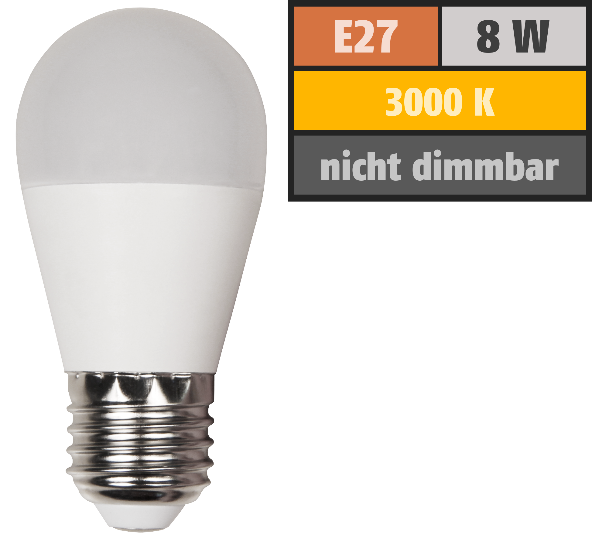 LED Tropfenlampe McShine, E27, 8W, 600lm, 160°, 3000K, warmweiß, Ø45x88mm