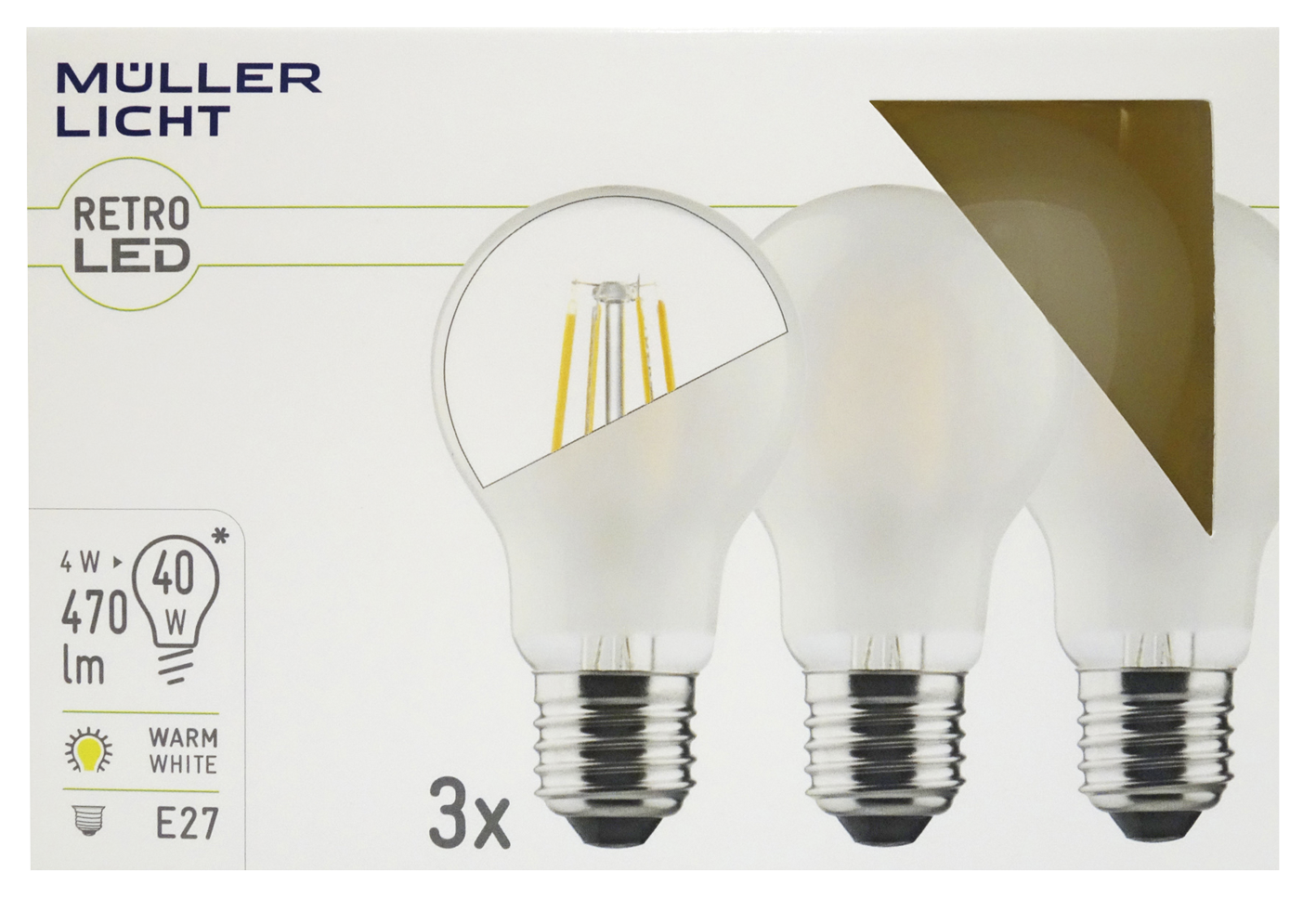 LED Filament Glühlampe, E27, 4W, 470lm, 2700K, warmweiß, matt, 3er Set