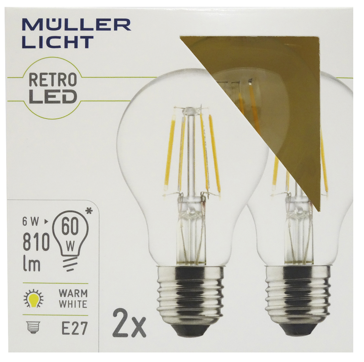 LED Filament Glühlampe, E27, 6W, 810lm, 2700K, warmweiß, 2er Set