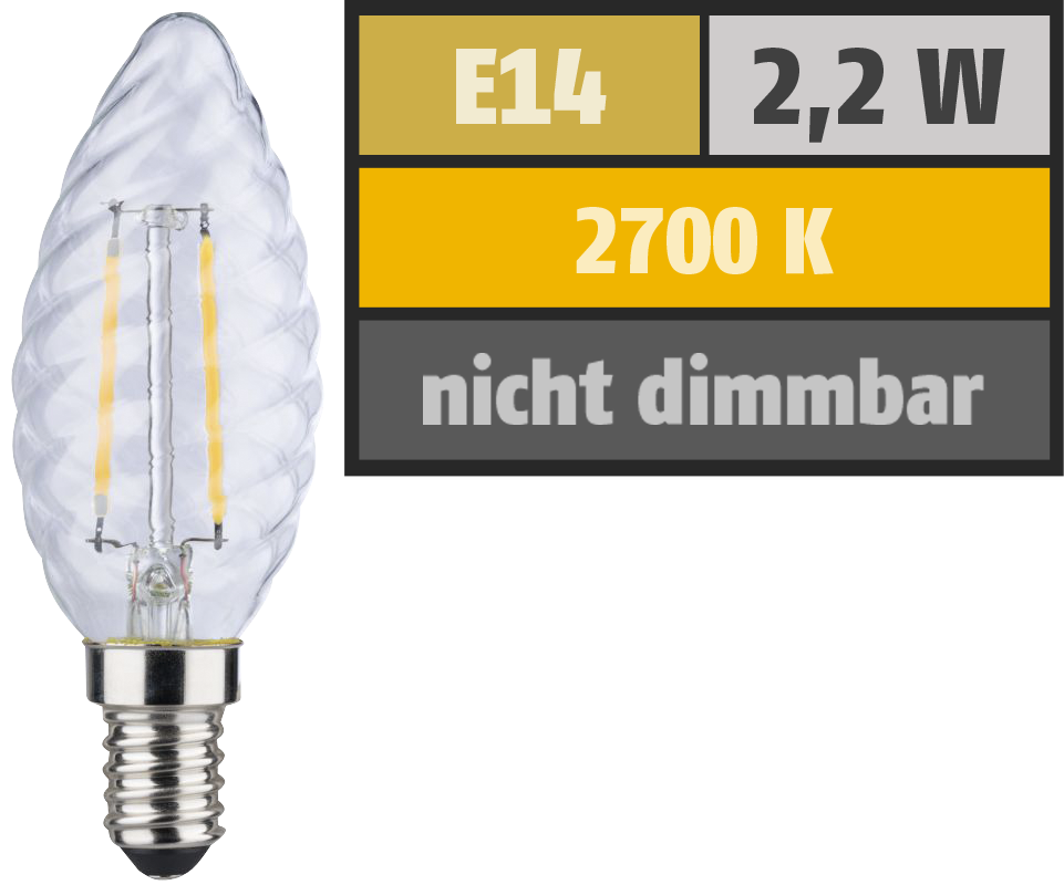 LED Filament Kerzenlampe gedreht, E14, 2,2W, 250lm, 2700K, warmweiß
