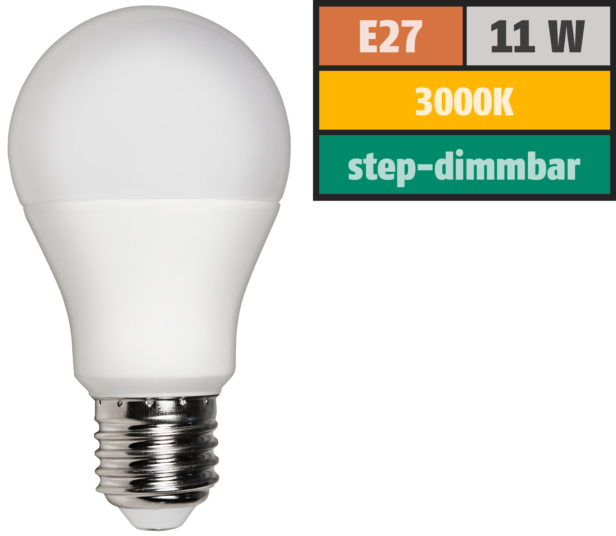 LED Glühlampe McShine, E27, 11W, 1.055 lm, 3000K, warmweiß, step dimmbar 100/50/10%