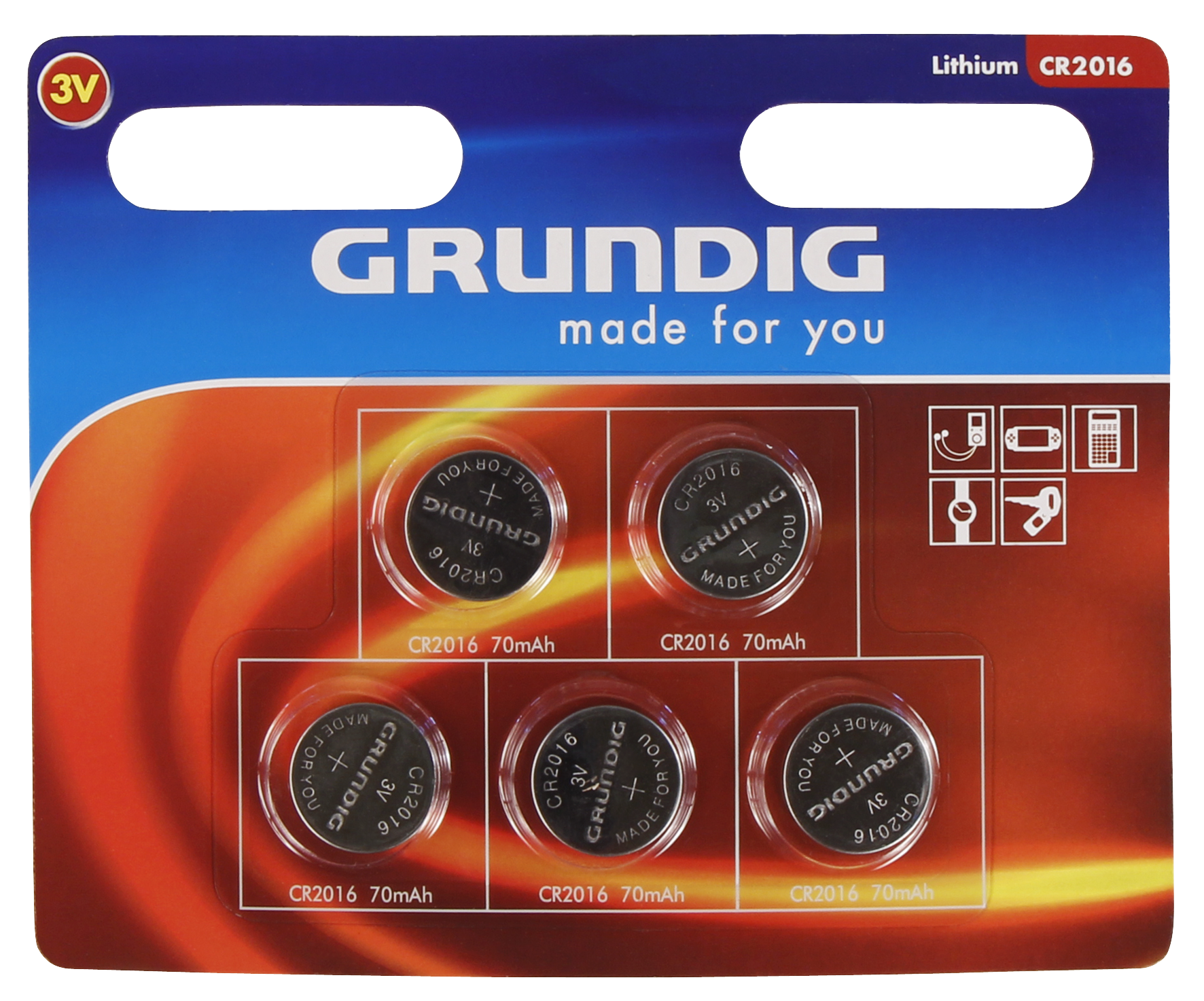 Knopfzelle GRUNDIG CR2016, 3,0V, Lithium, 5er-Blister