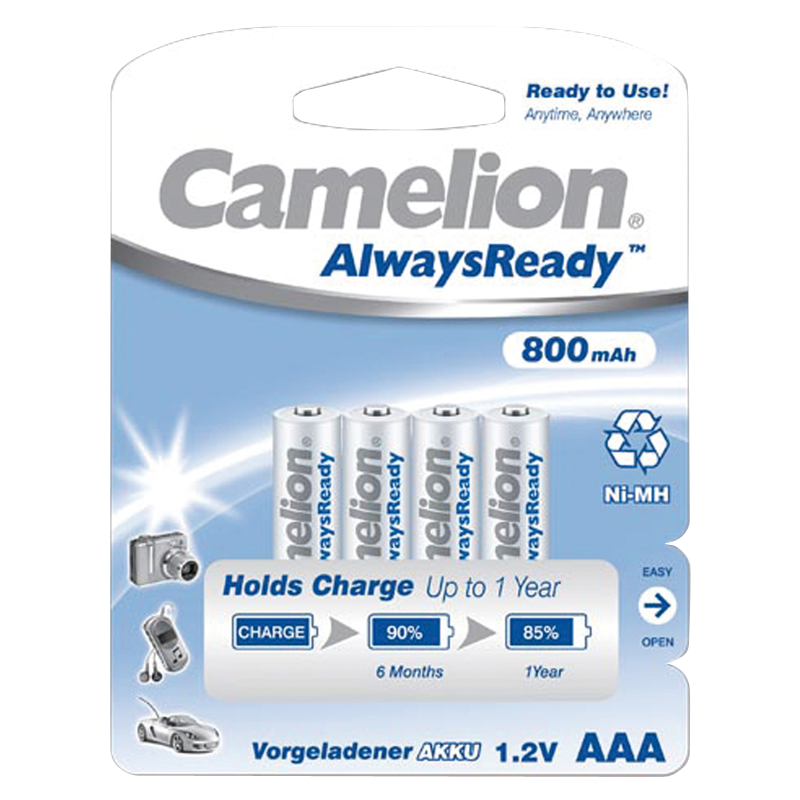 Micro-Akku CAMELION ''AlwaysReady'', NiMH, 800 mAh, Typ AAA, 4er-Blister