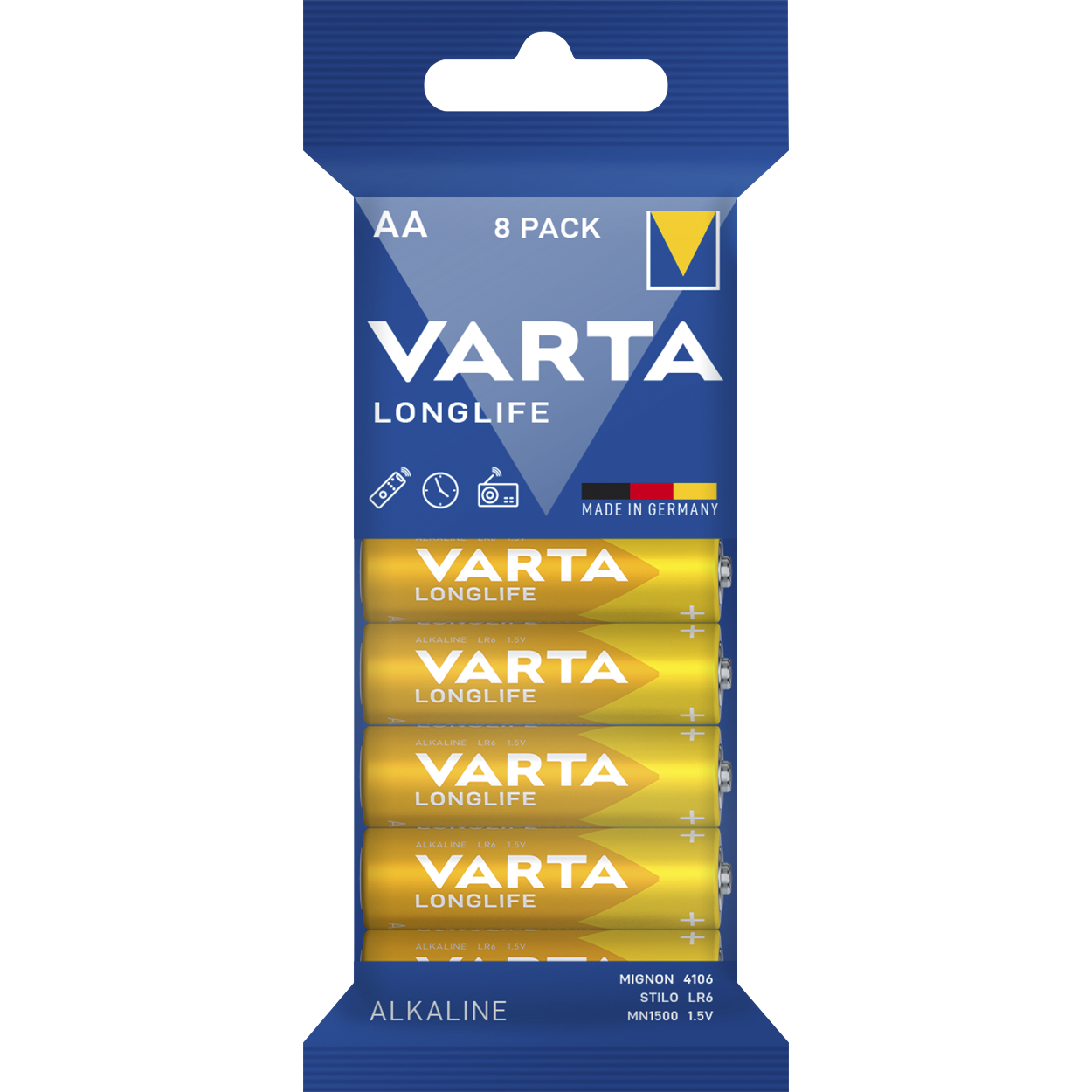 Mignon-Batterie VARTA ''LONGLIFE'' Alkaline, 1,5V, Typ AA, LR06, 8er-Pack