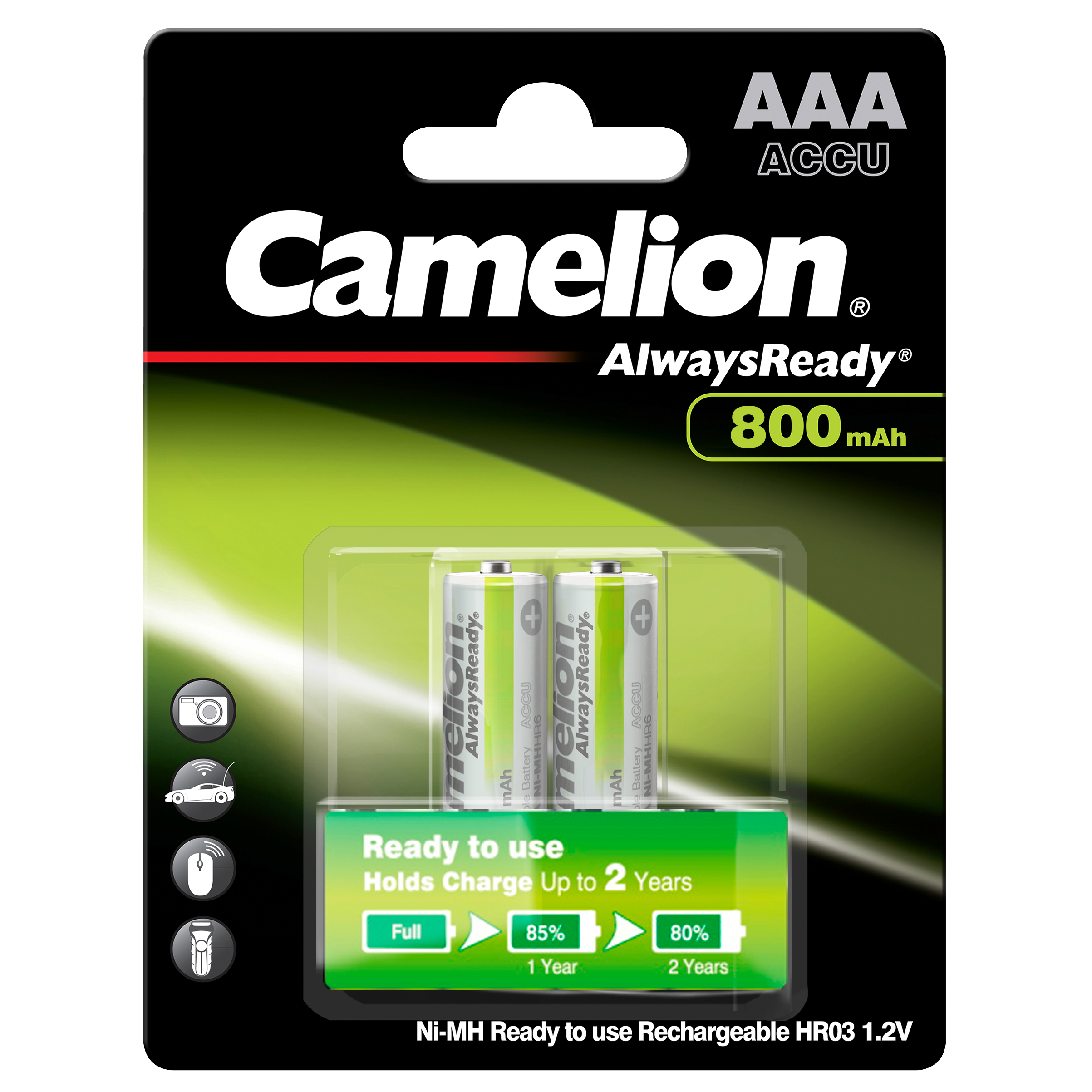 Micro-Akku CAMELION ''AlwaysReady'', NiMH, 800 mAh, Typ AAA, 2er-Blister