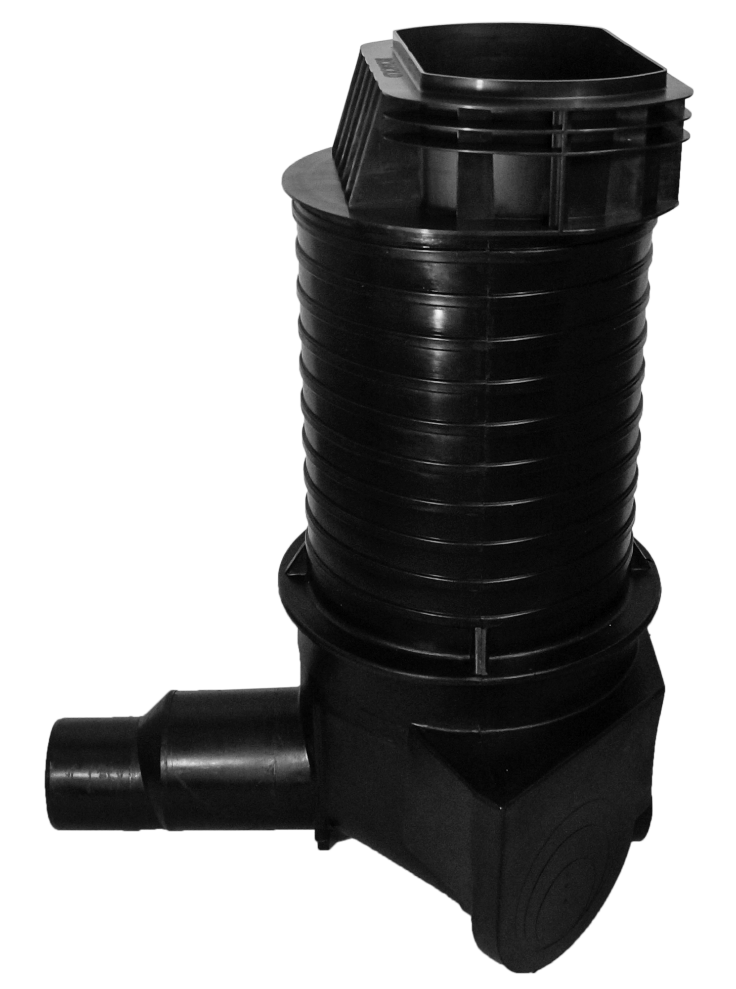 PE Straßenablaufkörper GRT DN 450 mit Aufsatzadapter, 3 Zulaufmöglichkeiten bei 90°, 180° und 270°, Auslaufstutzen DN/OD 315/250, drehbarer Aufsatz mit Elementdichtung