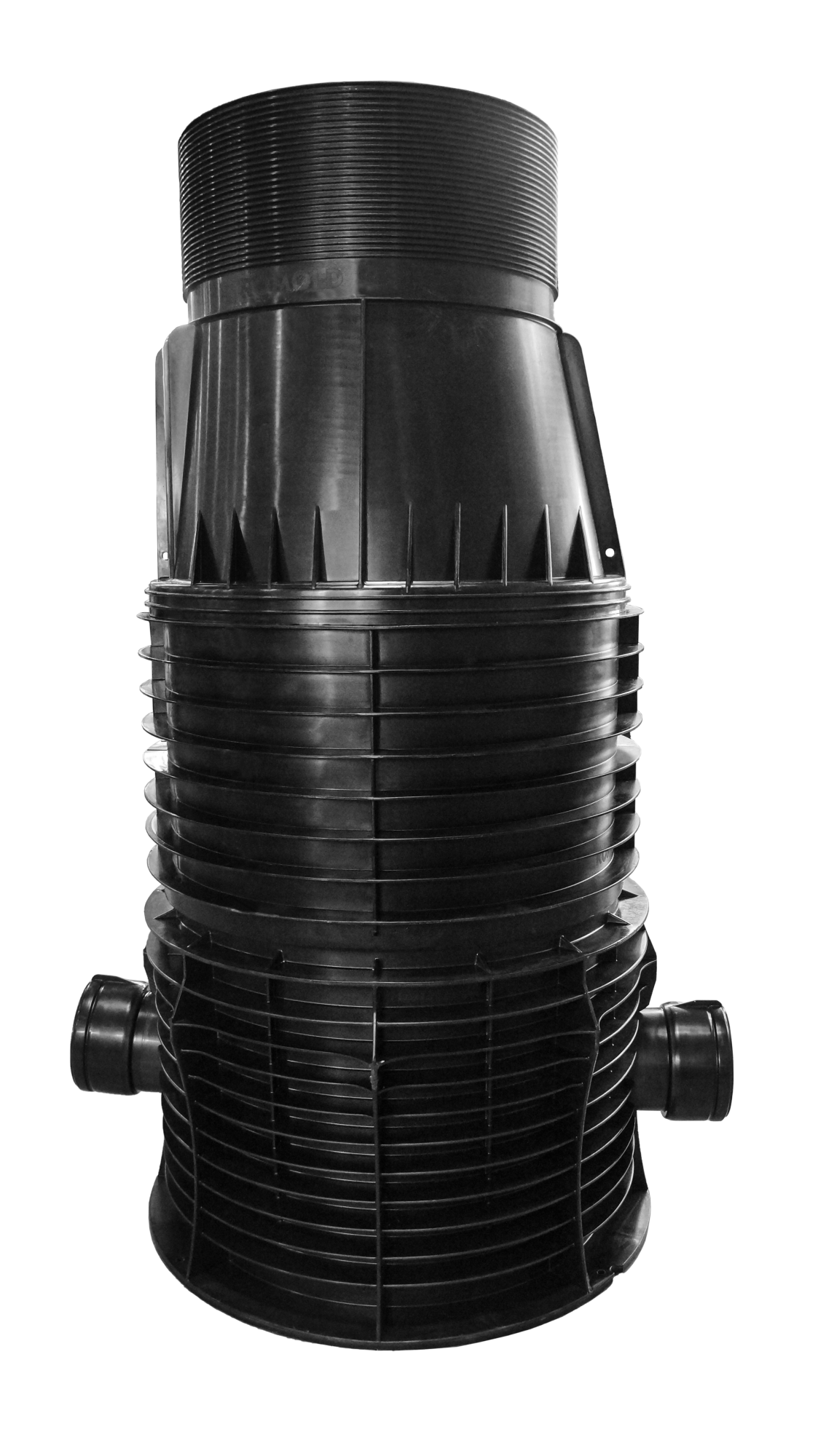 Einsteigschacht DN 800, Zulauf 180° und 2 seitliche Zuläufe ohne Sohlsprung bei 90° und 270°, DN/OD 160, im vorgegebenen Winkel Zulauf und Ablauf Muffe