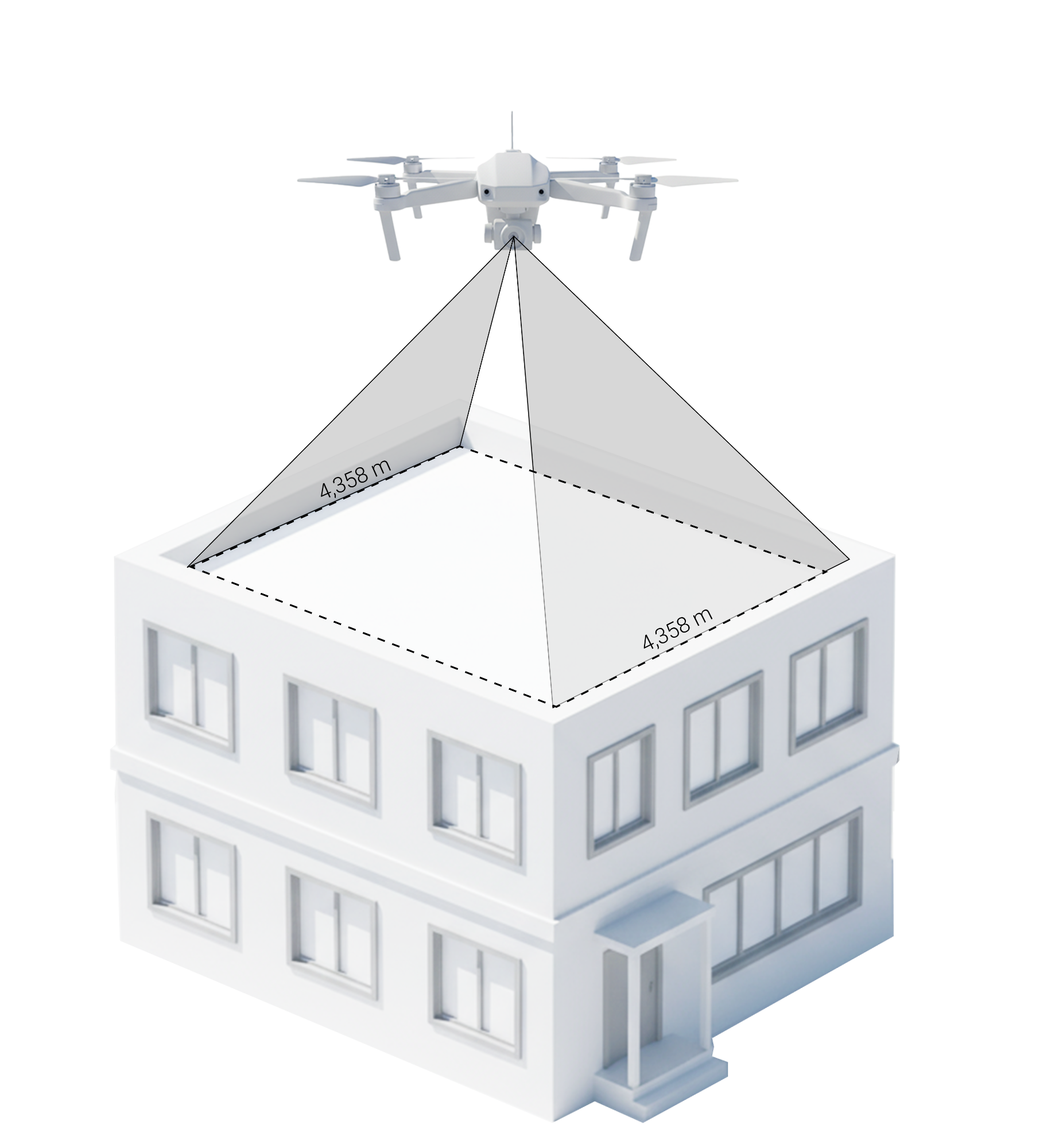 Infografik: Eine Vermessungsdrohne überfliegt ein Gebäude und erfasst das Flachdach für das digitale Aufmaß. Die Maße (z.B. 4,358 m) sind schematisch eingezeichnet.