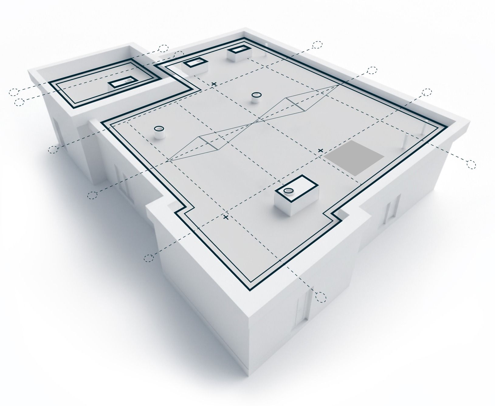 3D-Modell eines Gebäudes, dessen Flachdach mit einem technischen Planungsraster überlagert ist, der Abmessungen und Details der Flachdachplanung zeigt.