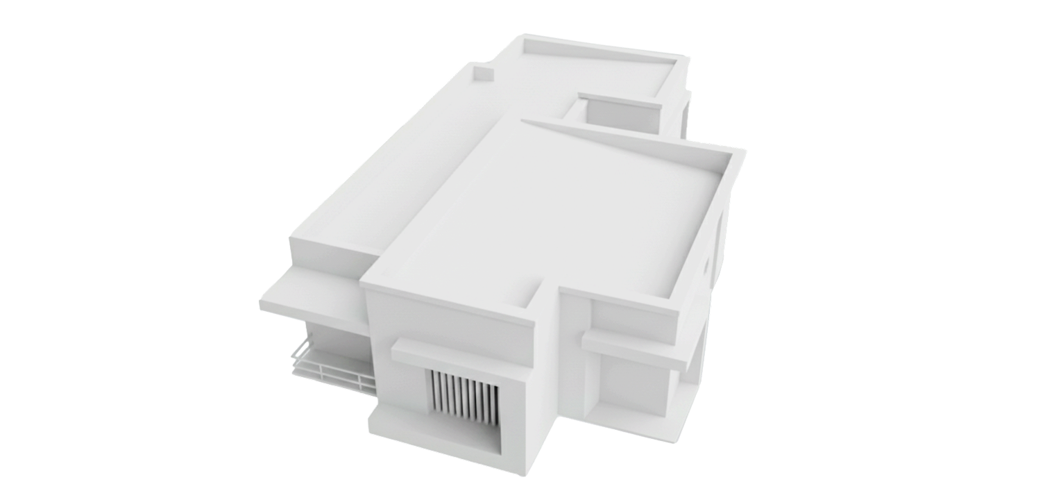 Schematische Darstellung eines Gebäudes für Flachdachplanung und Aufmaß. Weißes, minimalistisches 3D-Modell eines modernen Gebäudes mit grauem Flachdach in der Gesamtansicht.
